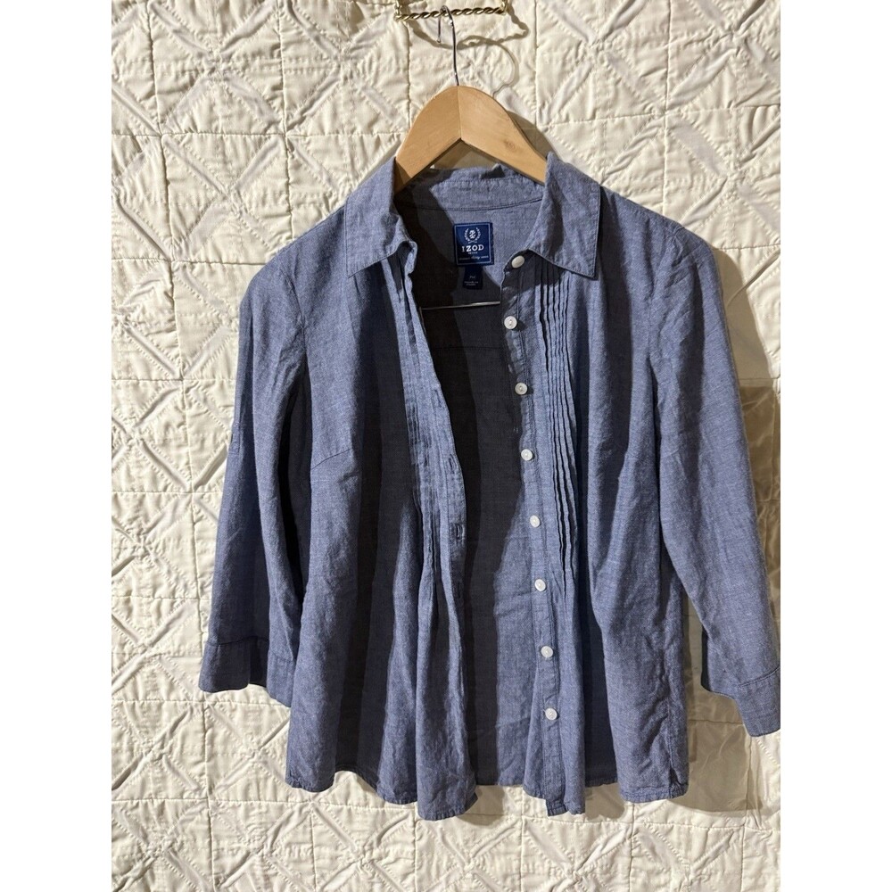 IZOD Blue Chambray Cotton Button-Up Shirt M 3/4 Sleeve Point Collar Solid